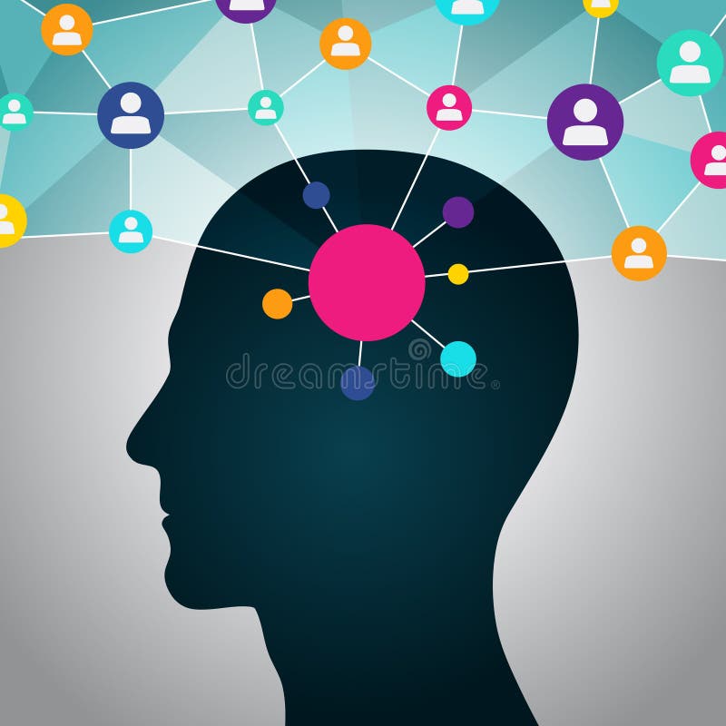 Person in a social network, communication, contacts, business. Global network in the head. Flat design, icons stock illustration Person in a social network, communication, contacts, business. Global network in the head. Flat design, icons stock illustration