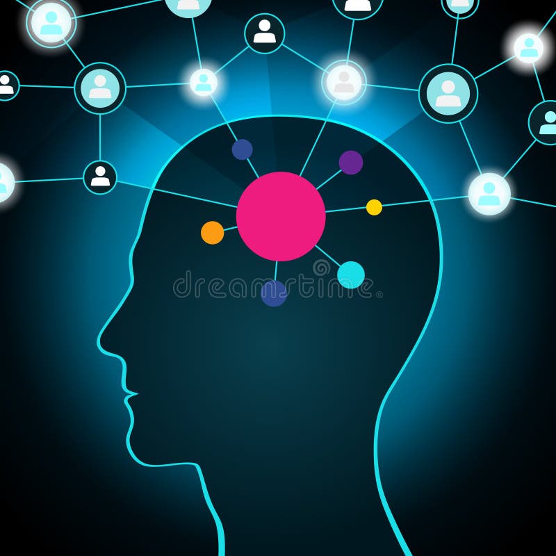 A person in a social network, communication, contacts, business global network in the head flat design, icons stock illustration A person in a social network, communication, contacts, business global network in the head flat design, icons stock illustration
