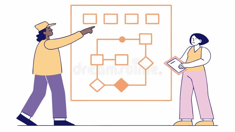 Person som pekar på en strategisk planerings- och presentationsvektordesign för flödesschema Generativ AI royaltyfri illustrationer