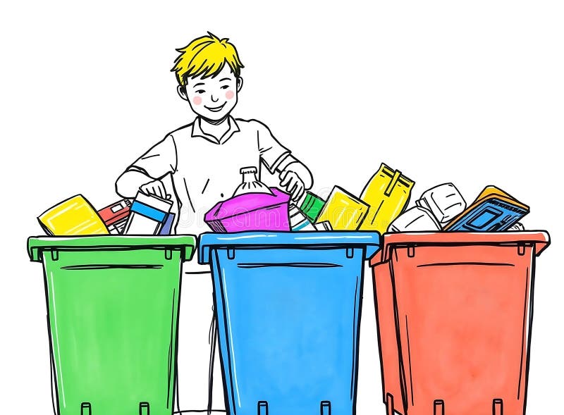Person sorting various types of waste, including plastic and cardboard containers, in three recycling bins in green, blue and red vector illustration