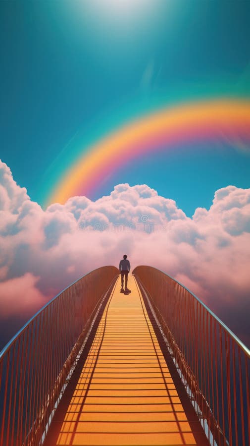 A person standing on a bridge with a rainbow in the background. Generative AI image. vector illustration