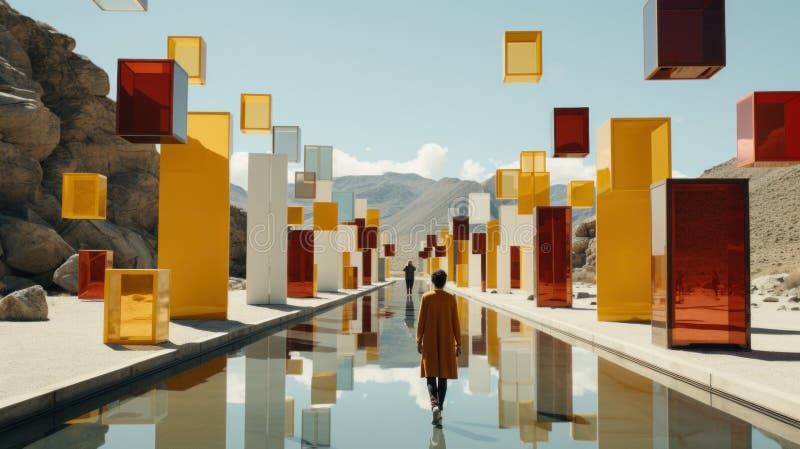 A person standing in front of a pool of water. Generative AI image.
