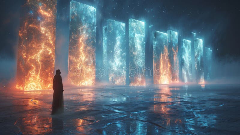 A person standing in front of a series of doors each one showing a different version of themselves from alternate