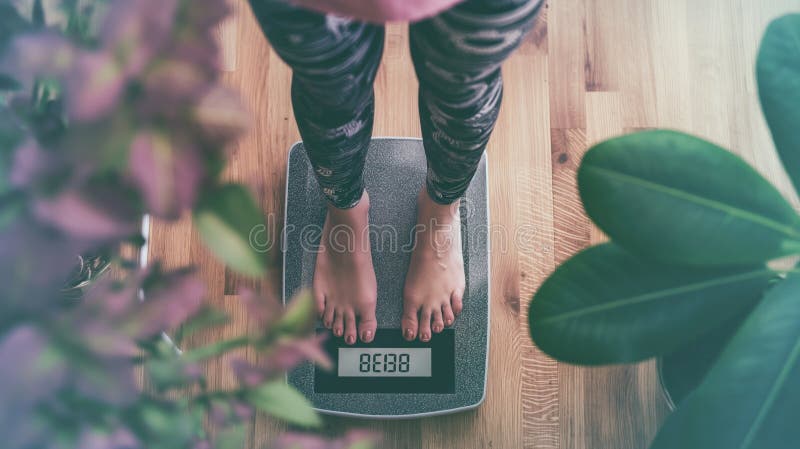 Person standing on a scale, seeing the numbers decrease as they continue to lose weight. Decrease stock images, royalty-free photos and pictures