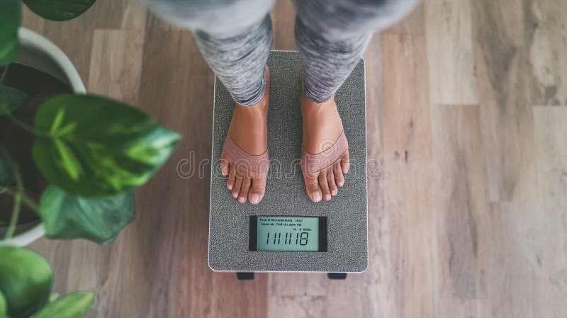 Person standing on a scale, seeing the numbers decrease as they continue to lose weight. Decrease image stock images, royalty-free photos and pictures