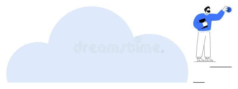 Person Standing on Steps Managing Data from a Cloud Platform with a Tablet vector illustration