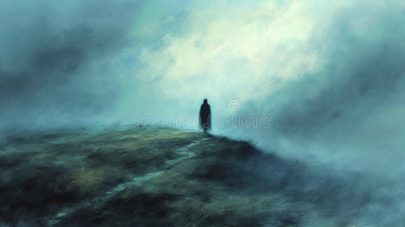 A person standing on top of a hill in the fog, AI royalty free illustration