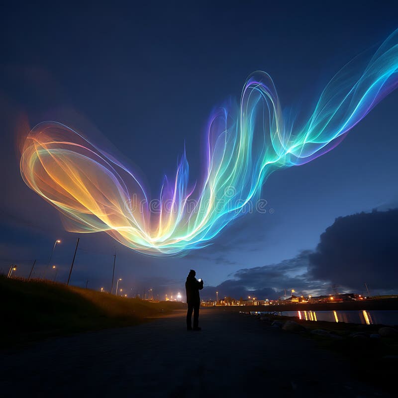 A person stands silhouetted against a night sky, observing vibrant, swirling lights royalty free illustration