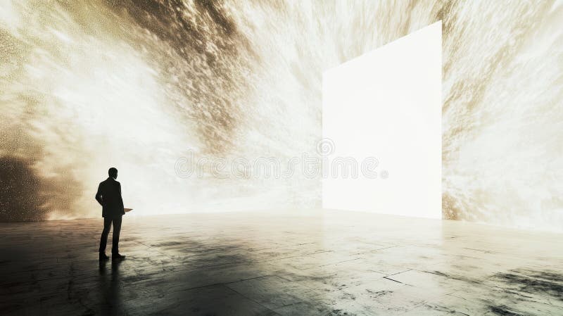 A person stands vast space, gazing bright white light emanating from large rectangular opening. atmosphere is surreal and. Large rectangular light source stock images, royalty-free photos and pictures