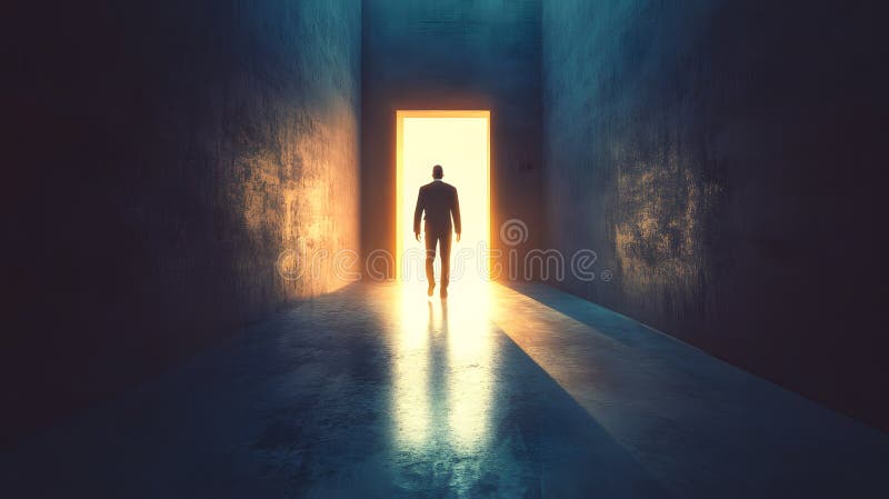 Person stepping through a doorway into bright light, representing a new beginning