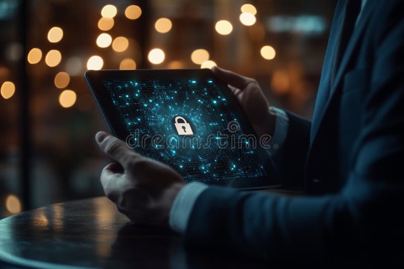 Cybersecurity Concept with a Digital Padlock Icon on a Tablet Screen Displaying Glowing Circuits royalty free illustration