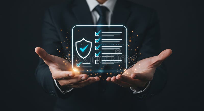 A person in a suit presents a digital hologram between their hands. The hologram stock illustration
