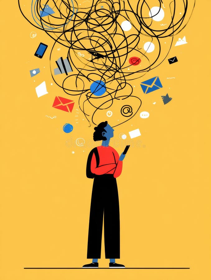 Person Surrounded by Notification Icons Representing Digital Overwhelm and Information Overload While Using a Smartphone stock photo