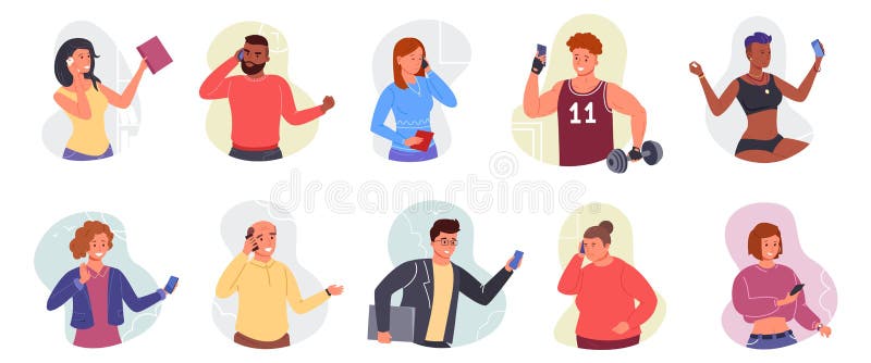 Person talk cellphone. People on phone business, family calling telephone, friend speak on mobile gadgets, man and woman