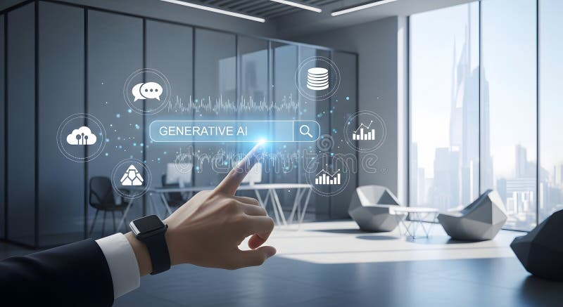 Person Taps Generative AI Search Bar in a Modern Office Setting, Data Visualization stock illustration