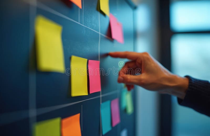 Person touches virtual interface of kanban scrum methodology board with finger. Process management workflow using sticky notes for agile project development. Digital tech, software. Software methodology stock images, royalty-free photos and pictures