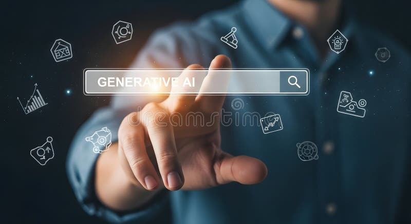 Person Touching Generative AI Search, Interface with Icons and Data royalty free illustration