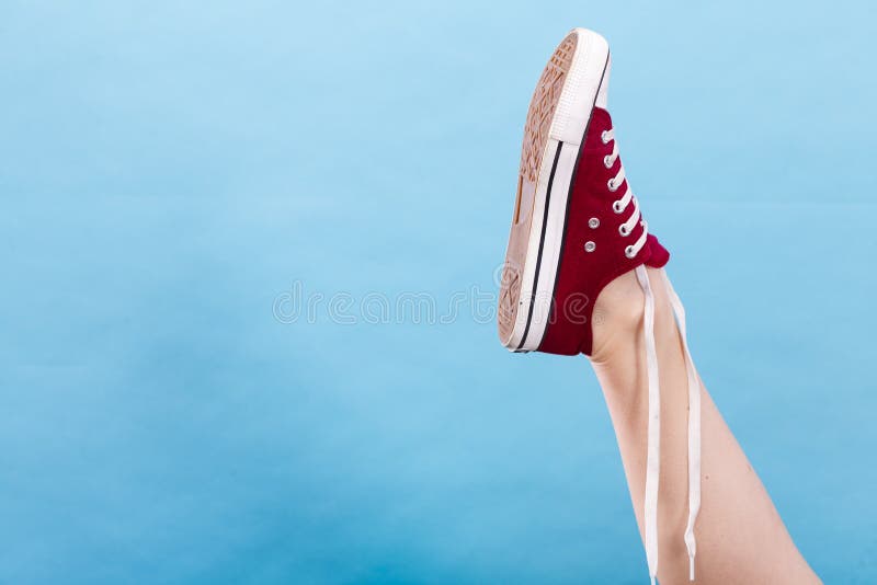 Person Tying Red Sneaker with Foot Up Stock Image - Image of teen ...