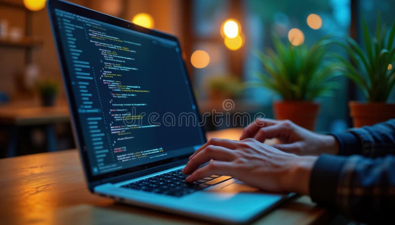 Person types code on laptop. Close-up shot of hands on laptop keyboard. Programming concept. Web designer working on project. vector illustration