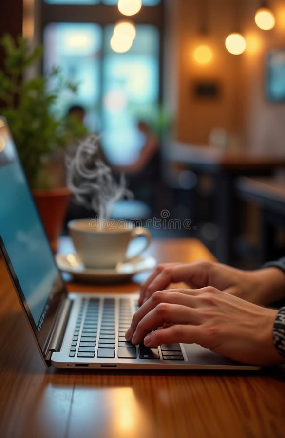 Person types on laptop in cafe. Hands on keyboard. Laptop open. Coffee cup beside. Person working. Busy atmosphere. Modern tech vector illustration