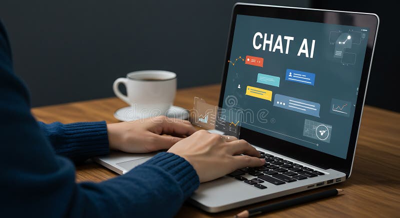 A person types on a laptop displaying \'CHAT AI\' on the screen, featuring colorfu vector illustration