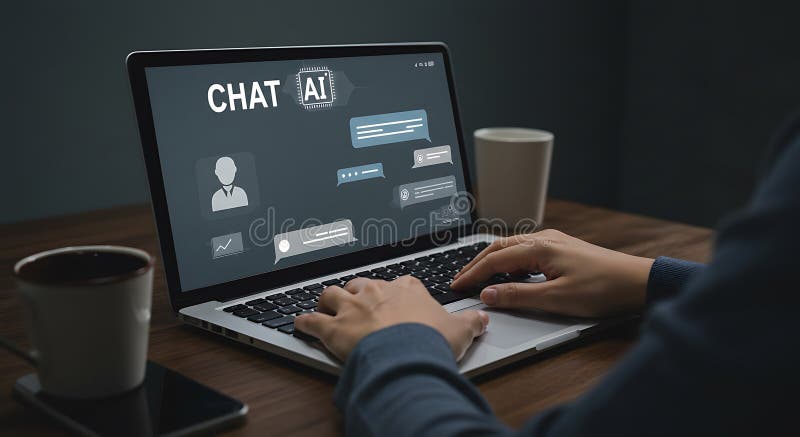 A person types on a laptop displaying a chat interface with AI elements. The scr royalty free illustration
