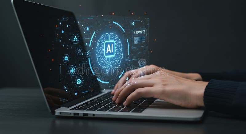 A person types on a laptop displaying a digital interface related to artificial vector illustration