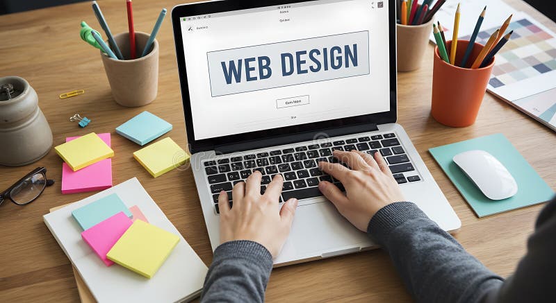 A person types on a laptop displaying the words \'WEB DESIGN\' on the screen. The stock illustration