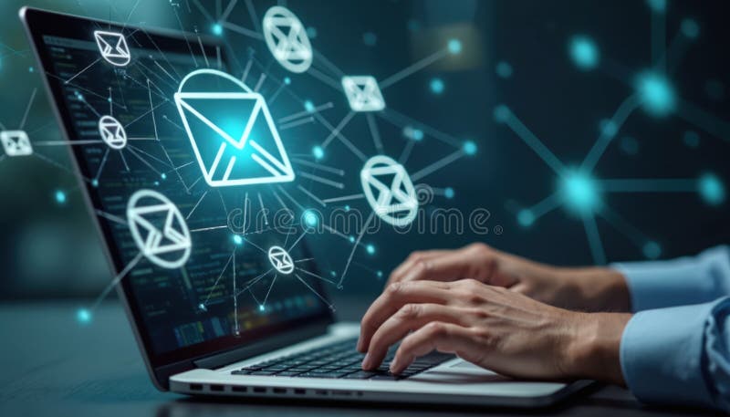 Person types on laptop with email icon, digital communication concept. Man using modern tech, sending receiving electronic royalty free illustration