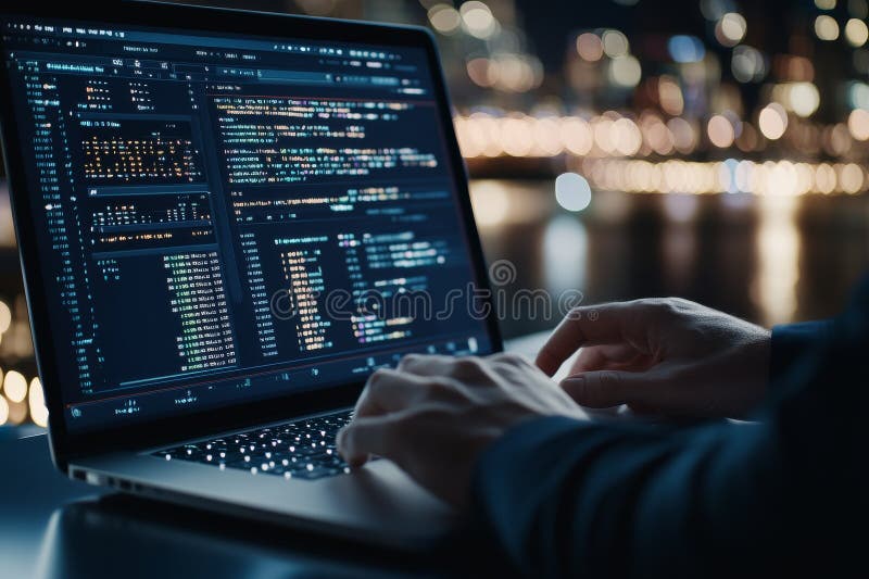 Hands engaged in coding on a laptop surrounded by a cityscape at night stock photos