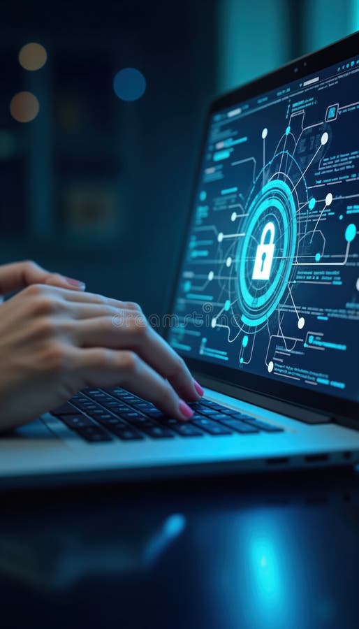 Person types on laptop. Tech security concept displayed on laptop screen. Glowing padlock symbol highlights security. Digital stock illustration
