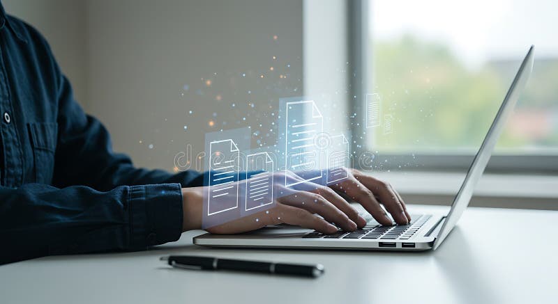 Person typing on a laptop at a desk, with digital document icons appearing abov stock illustration