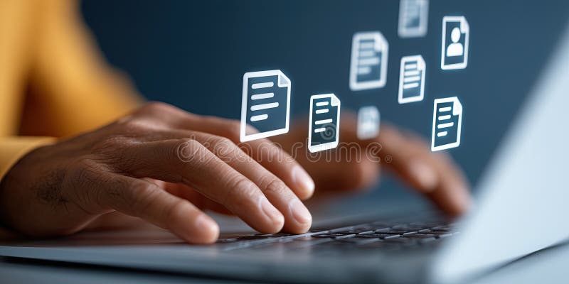 Person typing on laptop with floating digital document icons, symbolizing online forms stock illustration