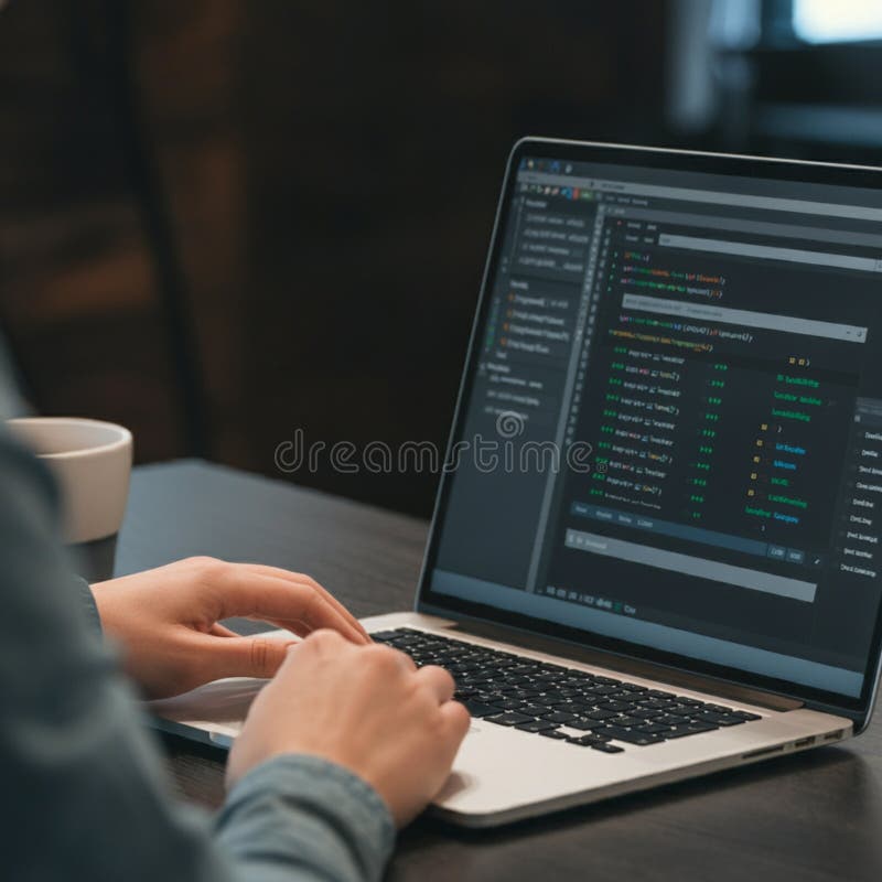 A person is typing on a laptop, focusing on a dark-themed integrated development environment (IDE) interface stock illustration