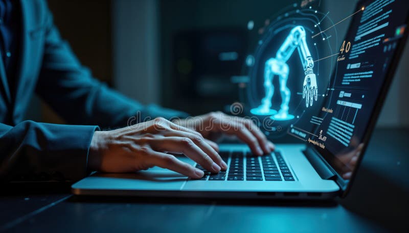 Person uses laptop for AI research. Person types on keyboard. Modern tech. Futuristic concepts on screen. Advanced tech. Focus on royalty free illustration
