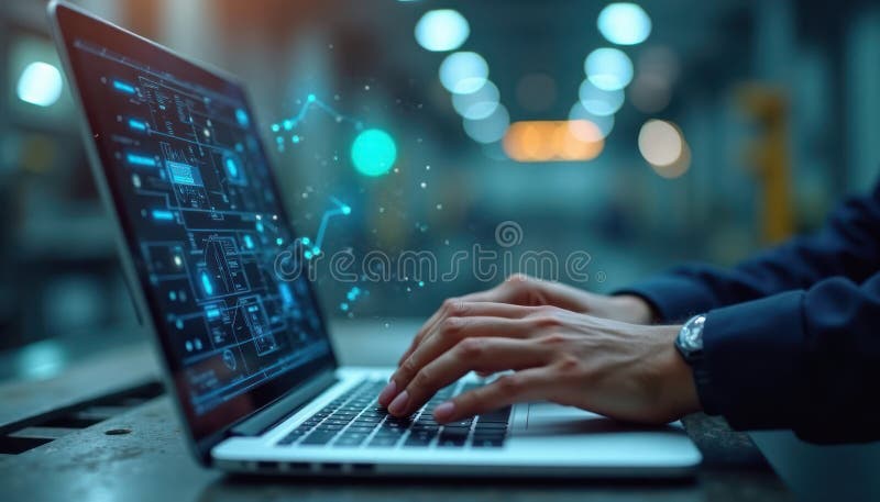 Person uses laptop showing AI tech symbols on industrial setting. Person working on tech project. Hands on keyboard. Modern stock illustration