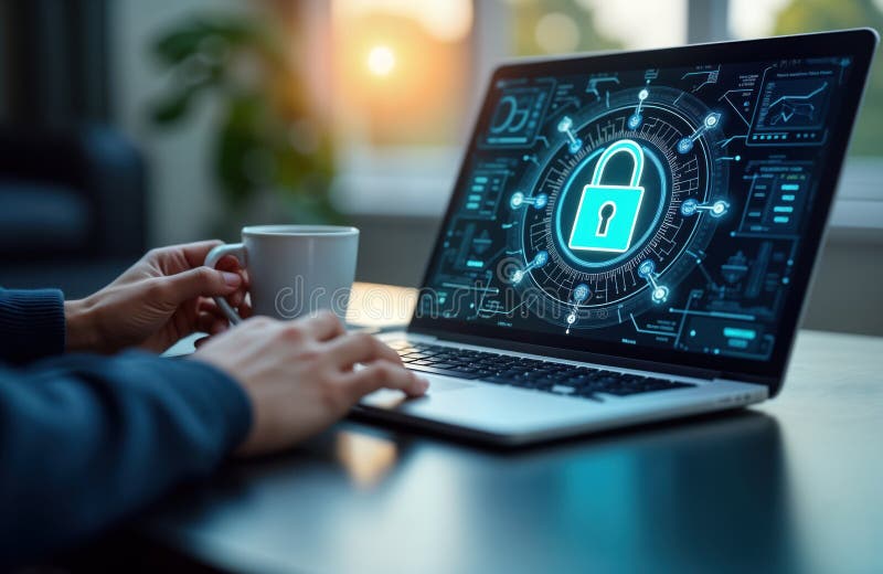 Person uses laptop. Tech screen shows security features. Person holds coffee cup. Modern tech setting. Secure system. Tech stock illustration