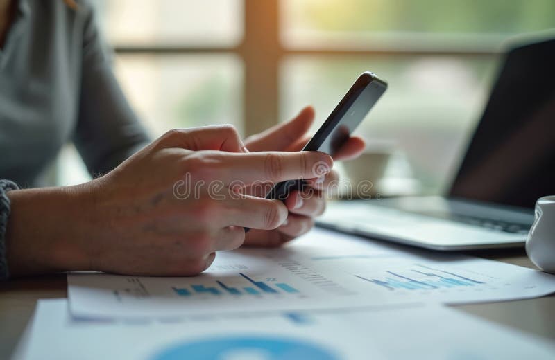 Person uses smartphone viewing financial data. Analyzing charts graphs, working with investment project, conducting banking vector illustration