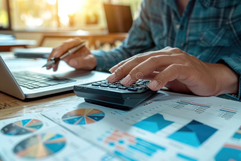 A person is using a calculator to add numbers on a piece of paper stock