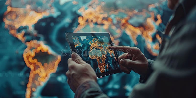 Person using digital tablet with illuminated global map showing network connections royalty free stock photo
