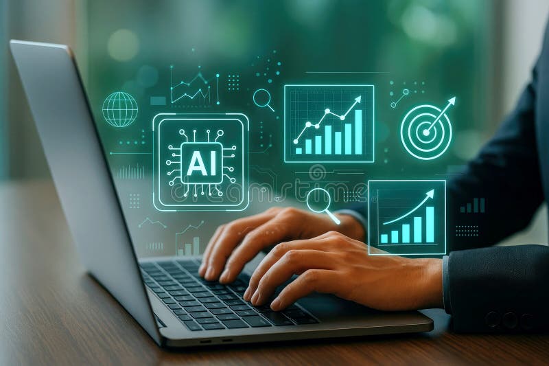 Person using a laptop with AI and data analytics interface overlay artificial intelligence technology stock illustration