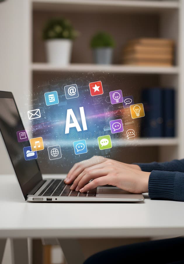 Ai powered laptop concept artificial intelligence technology and machine learning automation system royalty free illustration