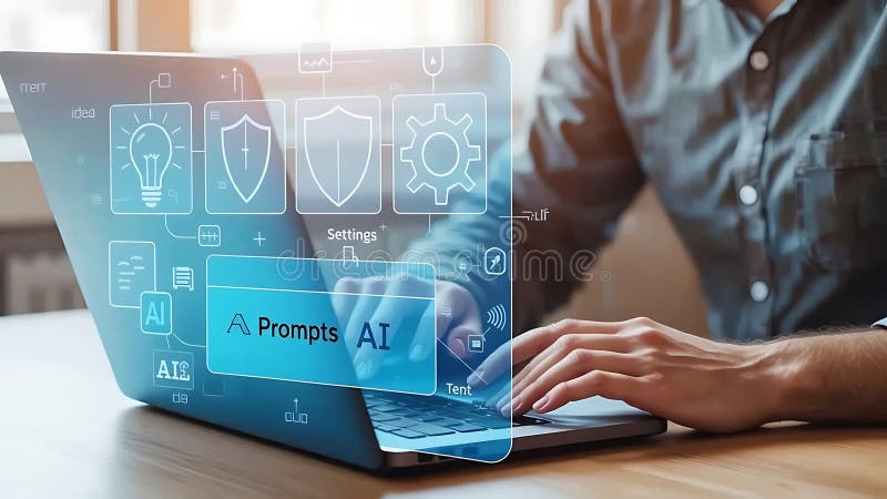 Person using a laptop with artificial intelligence and ai prompts on screen display vector illustration