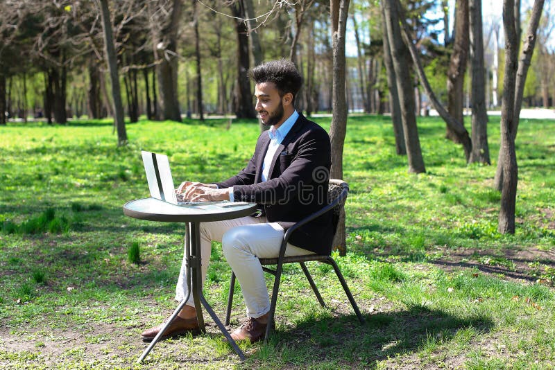 Journalist finished work in park royalty free stock images