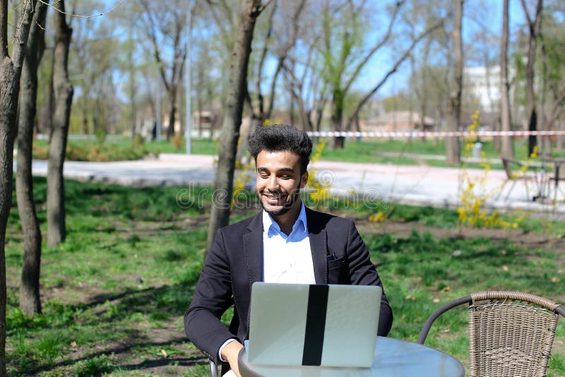 Journalist finished work in park stock photos