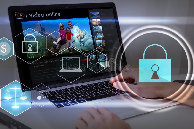 Person using a laptop computer with technology cybersecurity and privacy concept. protection and safe data for global royalty free illustration