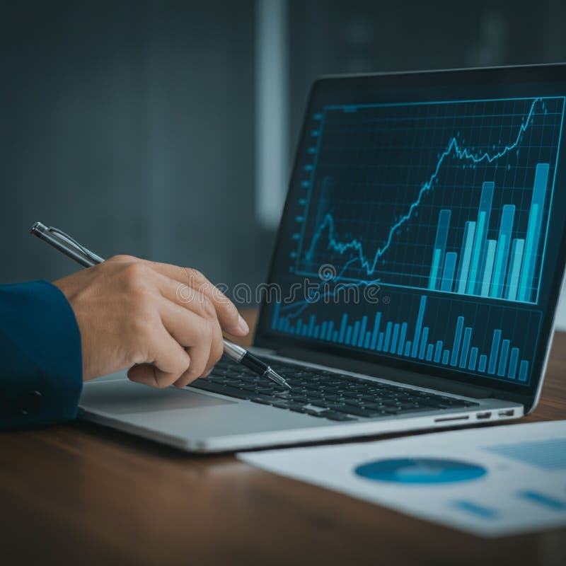 A person using a laptop displaying a financial graph with bar and line charts royalty free illustration