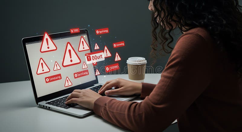 A person is using a laptop, displaying numerous red warning alerts overlayed on stock illustration