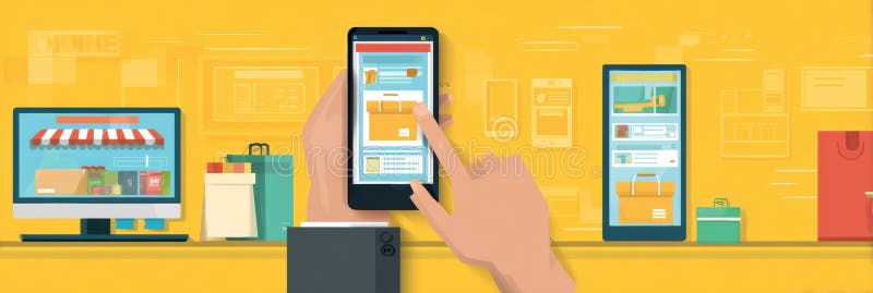 Hand Placing an Online Order Using a Mobile App During a Busy Shopping Day in a Vibrant Retail Environment Generative AI stock image