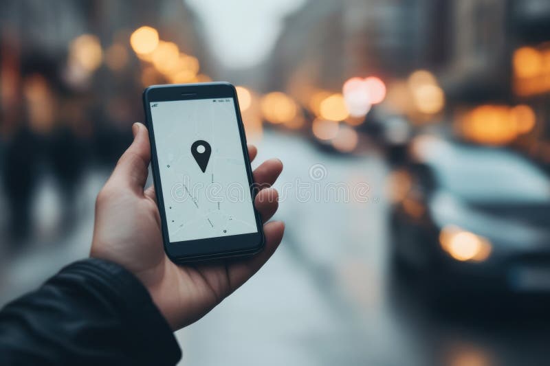 A person is using a mobile device to find directions with a location pin displayed, surrounded by blurred city lights royalty free stock photography